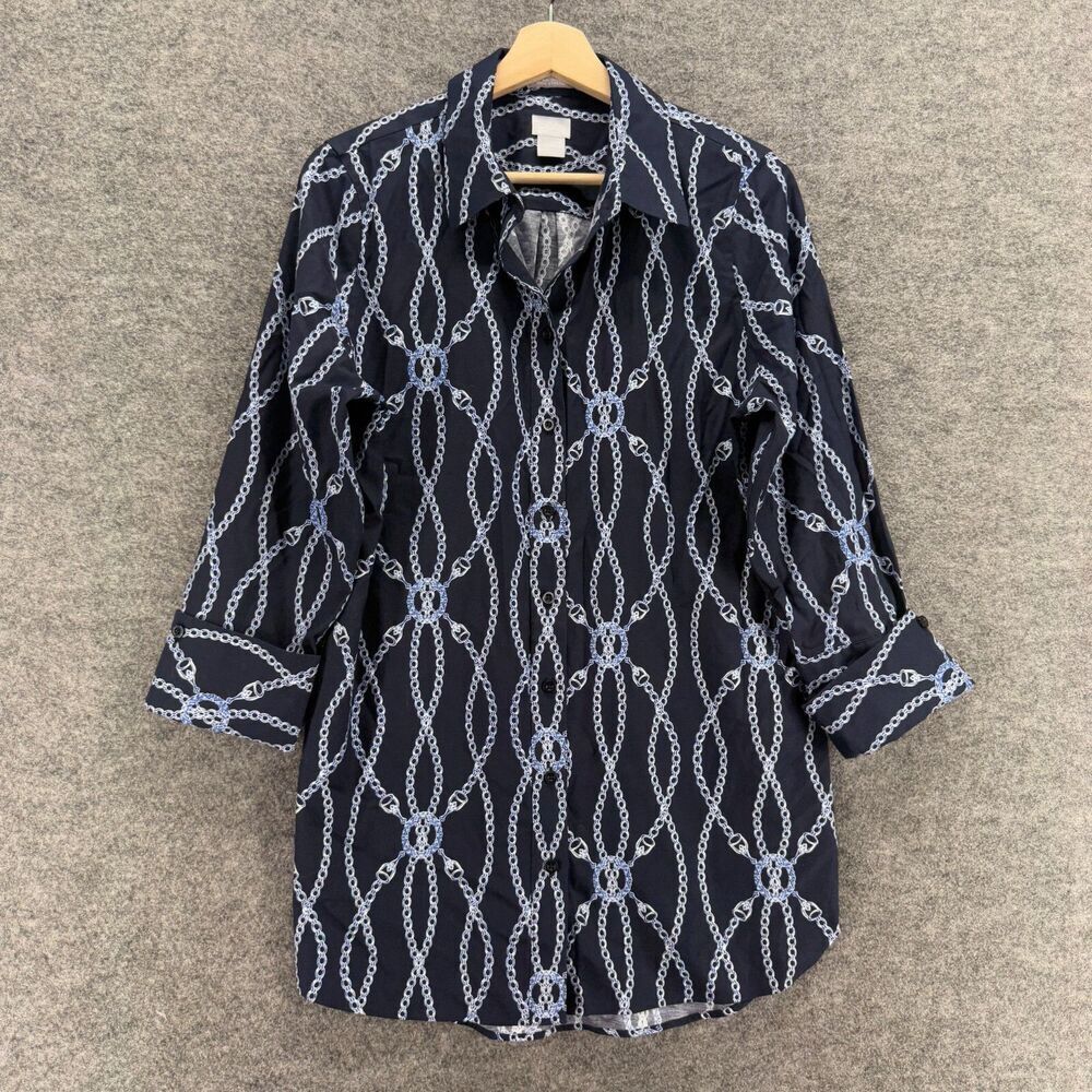 Chico's Shirt Women 8 Black Geometric Button Up Collared 3/4 Sleeve Casual